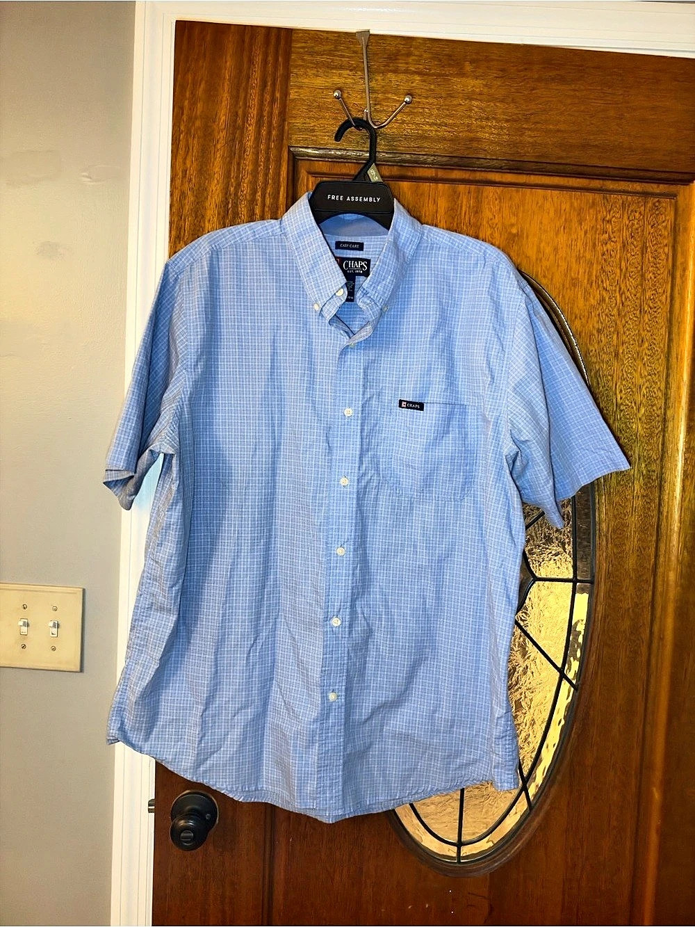 Chaps Men's Short Sleeve Easy Care Plaid Button-Down Shirt Blue & White XL